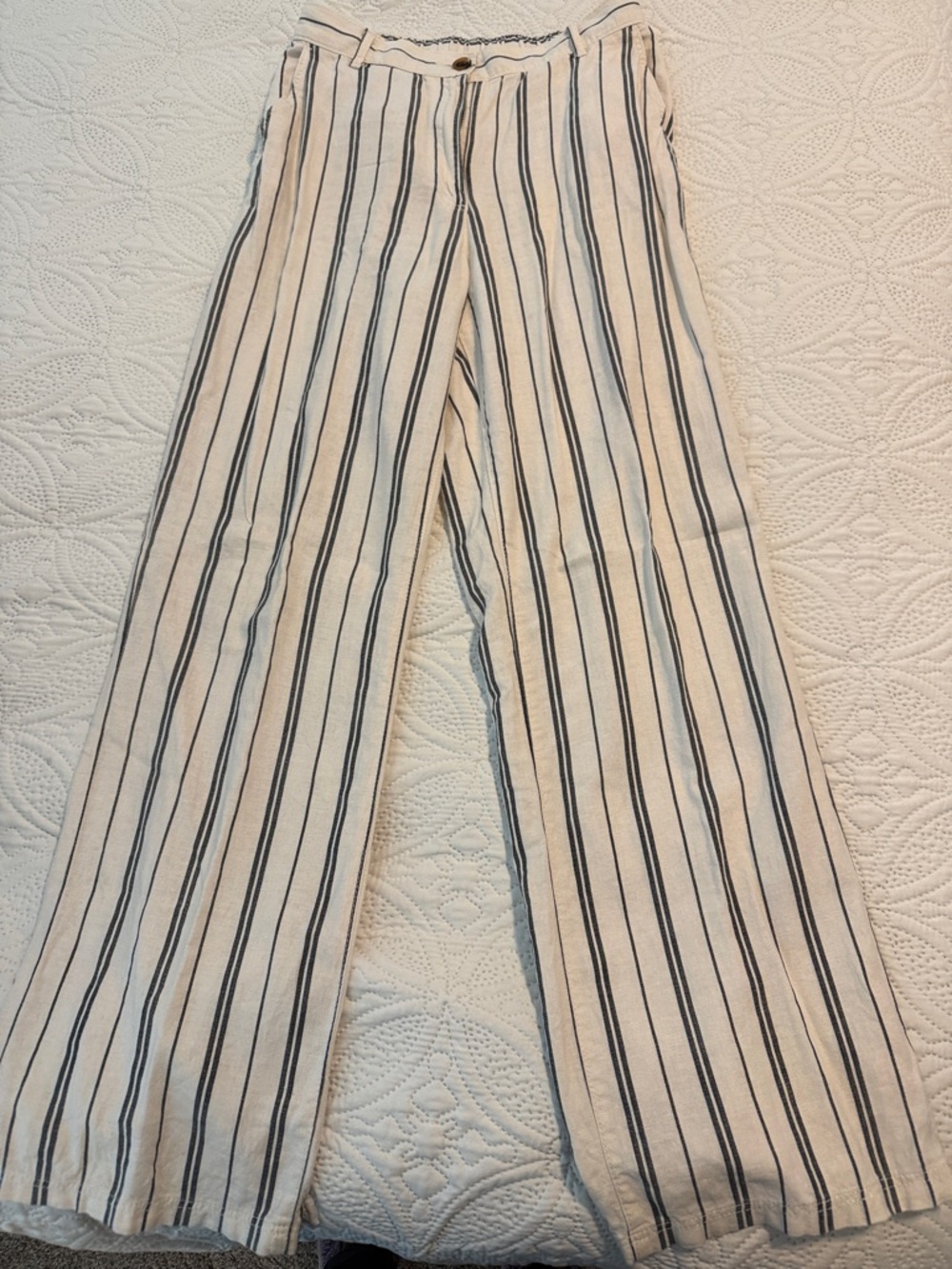 Striped Wide-Leg Linen Blend Pants - Ivory & black